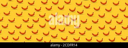 Tropisches Bananenmuster mit gelbem Hintergrund. Banane Seamless, 3D-Rendering, Mutation und GMO-Konzept Stockfoto