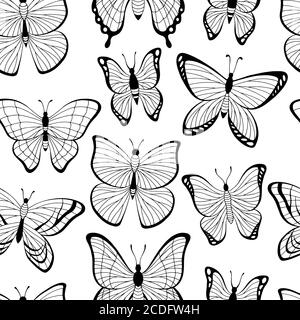 Schmetterling Grafik schwarz weiß nahtlose Muster Hintergrund Skizze Illustration Vektor Stock Vektor