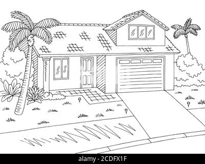 Straße Straße Grafik Haus schwarz weiß Landschaft Skizze Illustration Vektor Stock Vektor