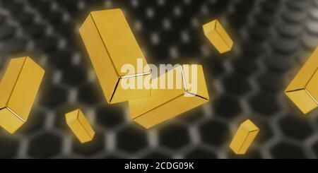 Fallende Goldbarren. Abstrakte Muster. Verschwommener schwarzer Hintergrund. 3D-Rendering Stockfoto