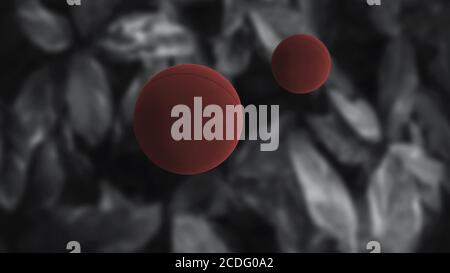 Rote Ballons in der Luft. Große Blätter von Pflanzen. Schwarzer und weißer Hintergrund. 3D-Rendering Stockfoto