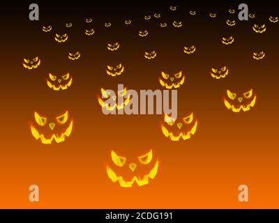 Nahtloser Hintergrund mit verrückten und rauchigen Gesicht Kürbisse, Monster Gesichter im Dunkeln für Halloween Design-Konzept. Overhead Geister Märchen Gesichter Stockfoto