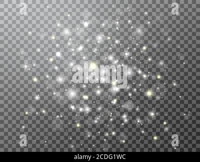 Leuchtender Lichteffekt. Weihnachtsdekoration. Magischer Lichtstrom auf transparentem Hintergrund. Glitzer weiß und Gold funkelt und Sterne. Luxuriös hell Stock Vektor