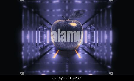 Riesiger Apfel auf dem Boden. Violette und orange Farben. Futuristischer Tunnel Stockfoto