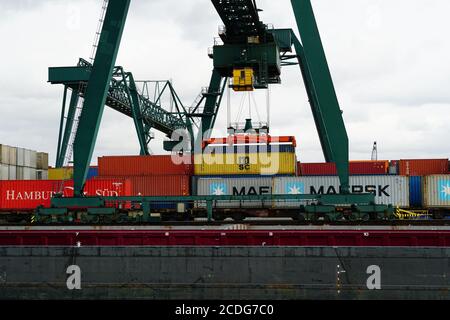 KÖLN, DEUTSCHLAND - 21. Feb 2020: Container werden von einem Kran gehoben, um einen Lastenwagen in Niehler Hafen, Köln zu verladen Stockfoto