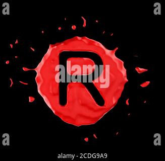 Roter Blob R Buchstabe auf schwarzem Hintergrund Stockfoto