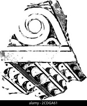 . Der Palast von Minos: Ein vergleichendes Konto der aufeinanderfolgenden Stadien der frühen kretischen Zivilisation, wie durch die Entdeckungen in Knossos illustriert. Feige..401 A. Bemalte Stuckdekoration auf.-Herd von Megaron, Mykene (XV^-)- Feige. 401 B. Fragment der Wandmalerei (Knossos), mit SpiralAND-Verzierung mit gekerbtem Plume [^). In spätminoischen Fresken, wie zum Beispiel an den Rändern des Bechertragenkleides, und das Motiv unter seinem ursprünglichen Aspekt bildet einen Teil des Keramikrepertoires des späteren Palaststils.^ bereits jetzt, In der L. M. I-Periode beginnt dieses Design jedoch von seinem ursprünglichen e abzufallen Stockfoto