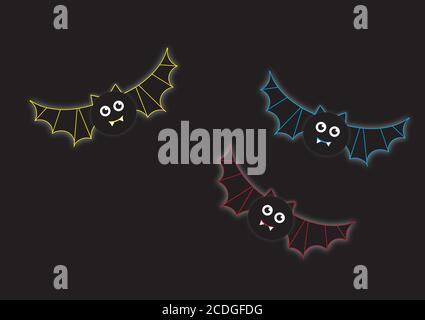 Drei Vektor illustrierte Cartoon Fledermäuse in Neon-Farben fliegen auf schwarzem Hintergrund, Halloween-Thema Fledermaus Stock Vektor