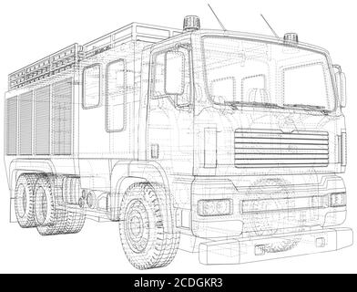 Vector Drahtrahmen Feuerwehrfahrzeug. Die Schichten von sichtbaren und unsichtbaren Linien werden getrennt. EPS10-Format. Vektor von 3d erstellt. Stock Vektor