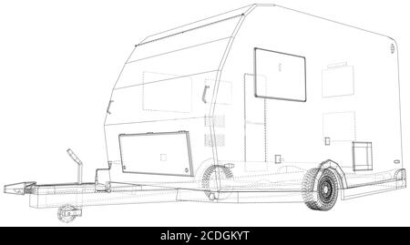 Wohnmobil-Anhänger Isoliert. 3D-Rendering. Drahtrahmen. Die Schichten von sichtbaren und unsichtbaren Linien werden getrennt. EPS10-Format. Stock Vektor