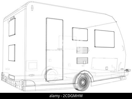 Camping Wohnmobil Anhänger Vektor. Draht-Rahmen-Leitung isoliert. Vektorrendering von 3d. Stock Vektor