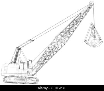 Wanderdragline, Mobile Baggermaschine für den offenen Bergbau. Die Ebenen der sichtbaren und unsichtbaren Linien werden getrennt. Drahtrahmen. Stock Vektor