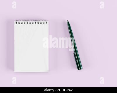 Ein Notizbuch und ein dunkelgrüner Stift auf einem rosa Hintergrund. 3D-Rendering Stockfoto