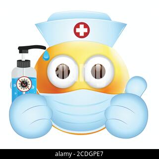 Emoji mit Desinfektionsmittel.Gesicht mit medizinischer Maske und Handwäsche emoji.Maske emoji. Medizinische Maske emoticon.Daumen nach oben emoji.Krankenschwester emoticon. Stock Vektor