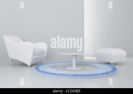 Sessel und Teppich in hellen Farbtönen in einem modernen Stockfoto