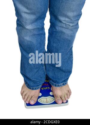 Füße und Gewicht skalieren isolierten auf weißen Hintergrund Stockfoto