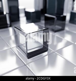 Abstraktes Glas und blaue Metallicwürfel auf einem weißen Stockfoto