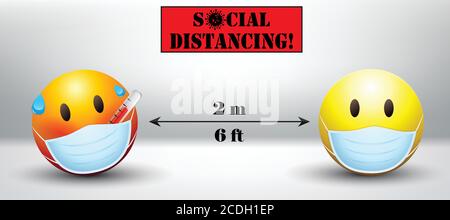 Social Distancing Konzept zur Prävention von Coronavirus, covid-19. Emoticons tragen Masken halten Abstand.Maske emoji.Sick emoticon. Stock Vektor