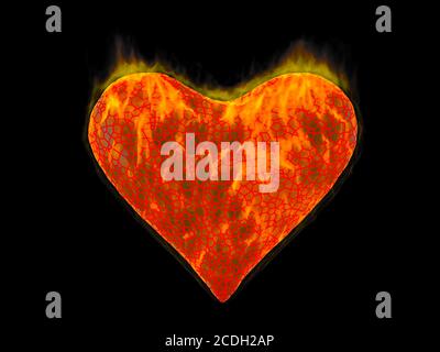 Brennendes Herz mit roten Adern auf schwarzem Hintergrund. 3D-Rendering Stockfoto