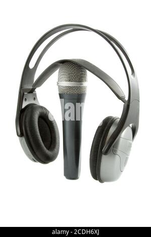 In der Luft! Kabellose Kopfhörer Mikrofon DJ drauf isoliert auf weißem Hintergrund Stockfoto