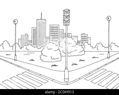 Straße Straße Grafik schwarz weiß Stadt Landschaft Skizze Illustration Vektor Stock Vektor
