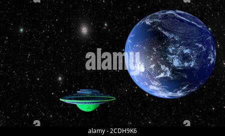 UFO und Planet Erde. 3D-Rendering Stockfoto