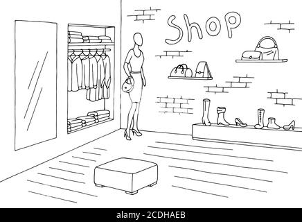 Shop Interior Grafik schwarz weiß Skizze Illustration Vektor Stock Vektor