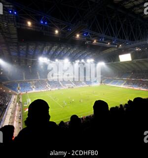 Silhouetten von Fans feiern ein Ziel auf Fußball / Fußball Spiel Stockfoto