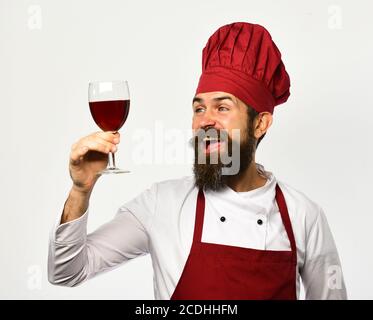 Koch hält ein Glas Wein und bietet einen Toast isoliert auf weißem Hintergrund. Sommelier und Kochen mit Wein Konzept Stockfoto