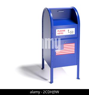 Blauer Briefkasten im Stil der United States Postal Services mit einer Bitte, per Post abzustimmen und einer US-Flagge. Briefwahl oder Stimmzettel des Abwesenheitsempfängers. Isola Stockfoto