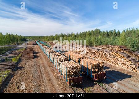 Luftaufnahme eines Eisenbahnhofes mit Holzpfählen und Eisenbahnwaggons, die mit Holz für den Transport im Sommer in Finnland beladen sind Stockfoto