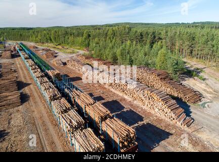 Luftaufnahme eines Eisenbahnhofes mit Holzpfählen und Eisenbahnwaggons, die mit Holz für den Transport im Sommer in Finnland beladen sind Stockfoto