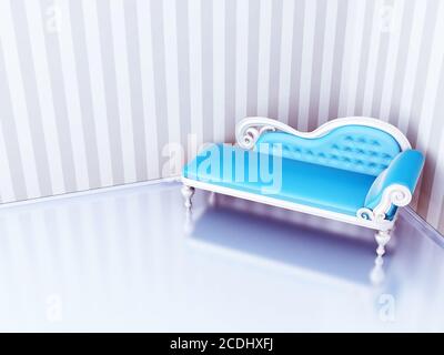 Blaues Sofa in einer Ecke eines Raumes mit modischen d Stockfoto