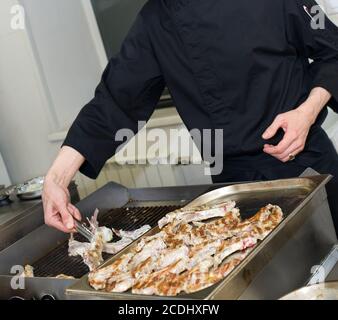 Der Koch grillt Fleisch Stockfoto