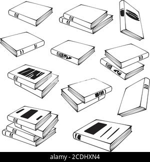 Schwarz-Weiß-Vektor-Satz von Büchern und Stapel von Büchern isoliert auf einem weißen Hintergrund. Konzept für Buchladen. Stock Vektor