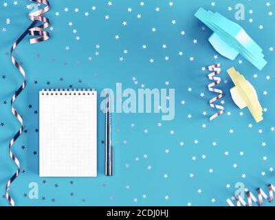 Notizblock und Metallstift auf blauem Hintergrund mit Sternen und Konfetti verziert. 3D-Rendering Stockfoto