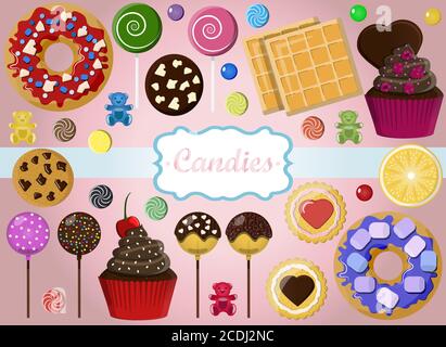 Eine Reihe von einzelnen Süßigkeiten auf einem rosa Hintergrund. Kekse, Cupcakes, Donuts, Süßigkeiten, Marmelade, Schokolade, Kuchen POPs, Waffeln. Set für eine Konditorei, Kinder, für einen Urlaub, für eine Party. Candy Bar für den Urlaub Stock Vektor