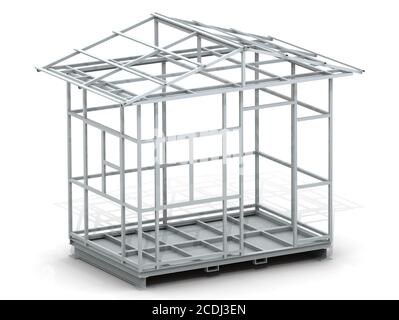 Hausrahmen. Der Rahmen eines kleinen Hauses aus Metallrohren auf einer weißen Oberfläche. 3D-Illustration Stockfoto