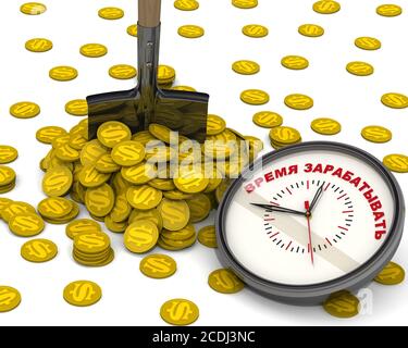 Schaufel in einen Stapel der Goldmünzen mit geklebt Das Symbol des US-Dollars und die Uhr mit Roter Text ZEIT ZU VERDIENEN (Russisch) Stockfoto