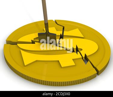 Bergbau der US-Währung. Schaufel in der Goldmünze mit dem Symbol des US-Dollars stecken. Isoliert. 3D-Illustration Stockfoto