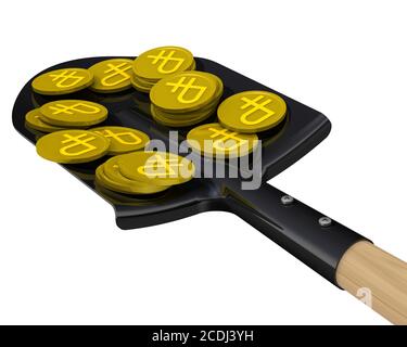 Goldmünzen mit dem Symbol des russischen Rubels auf der Schaufel. Das Konzept des finanziellen Erfolgs. Isoliert. 3D-Illustration Stockfoto