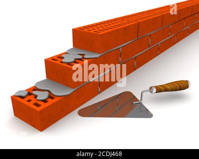 Mauerwerk aus keramischen Ziegeln und Kelle auf einer weißen Oberfläche. 3D-Illustration Stockfoto