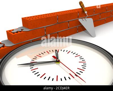 Die Zeit, die für Bauarbeiten aufgewendet wurde. Eine Kelle, Mauerwerk aus keramischen Ziegeln und Uhr auf einer weißen Oberfläche. 3D-Illustration Stockfoto