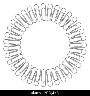 Büroklammern um den Umfang herum. Büroklammern aus Metall, die sich um den Umfang auf einer weißen Oberfläche als Rahmen befinden. 3D-Illustration Stockfoto