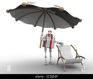 Ruhen Sie sich in einem Geschenk aus. Die Geschenkbox (im Cyborg-Stil) hält einen Sonnenschirm über der Chaiselongue auf weißer Oberfläche. 3D-Illustration Stockfoto