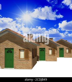 Häuser Modell 3d und Himmel Stockfoto