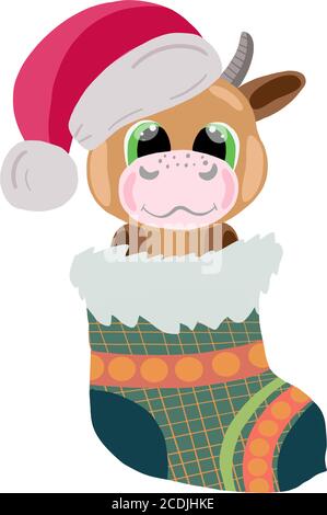 Vektor-Bild von einem niedlichen Cartoon-Stier in der Socke, auf einem weißen Hintergrund. Für die Gestaltung von Postkarten, Plakaten, Drucke für T-Shirts, Covers, Sticker Stock Vektor