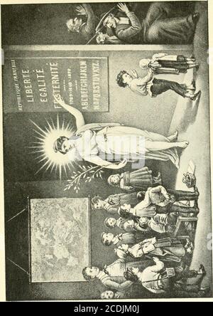 . Les seins dans l'histoire . Fiï. 220. Maturité de lâge et lexpérience unverzichtbar pour élever lajeunesse. ^Instruction (/ratuilc, ohlhjdtouc et laïque (wig. 221), seprésente sous les traits et le costume dune robuste République,fille de la Liberté et de la Vérité; sa puissante mamelle, emblèmede la régénération nationale, écarte les entraves ennavées à sonessor. Dans un coin seffondre le groupe de lObscurantisme,médusé, aveuglé par léclat de cette apparition rayonnante. Dans les représentations allégoriques, fort communes au moyenâge, des Arts libéraux (Philosophie, Grammaire, Dialectiq Stockfoto