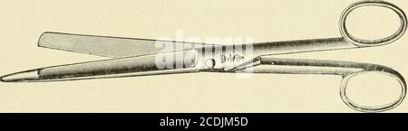 . Tierärztliche Post-mortem Technik . Abb. 38. – Knorpelscheren. Dieses Instrument hat gerade, spitze Klingen und wird in Schnitt-Ting dünnen Knochen verwendet, wie die turbinates, Knorpel der Nase, Septum, und Sternalknorpel.. Abb. 39. – Enterotonie zeigt einen stumpfen Punkt, der länger ist als der andere. Es wird bei der Öffnung des Darms verwendet. Stockfoto