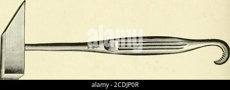 . Tierärztliche Post-mortem Technik . Abb. 30. - Post-mortem Axt zum Schneiden der Rippen und Entfernen des Rückenmarks. Die Nachmortem AW (Abb. 30) sollte eine Geradschneide von 14 cm haben. (5i/4) Länge. Die Tiefe sollte 17.5 cm betragen. (7) und der Griff 4,5 cm. (18). Die Waage beträgt ca. 1..5 kg. (3.3 lb.). Die Axt wird sehr praktisch für das Schneiden der Rippen von großen Tieren und für das Schneiden der Wirbel von großen Tieren bei der Entfernung des Ordens. Es ist gut, den Griff gewellt zu haben, um zu verhindern, dass es aus den Händen rutscht. Der Stahlhammer (Abb. 31) ist eine Kombination 32 VETERINÄRMEDIZINISCHE POST-MORT Stockfoto